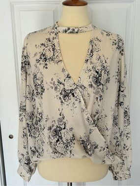 LUSH Floral Print Choker Faux Wrap Blouse, Cream/Black